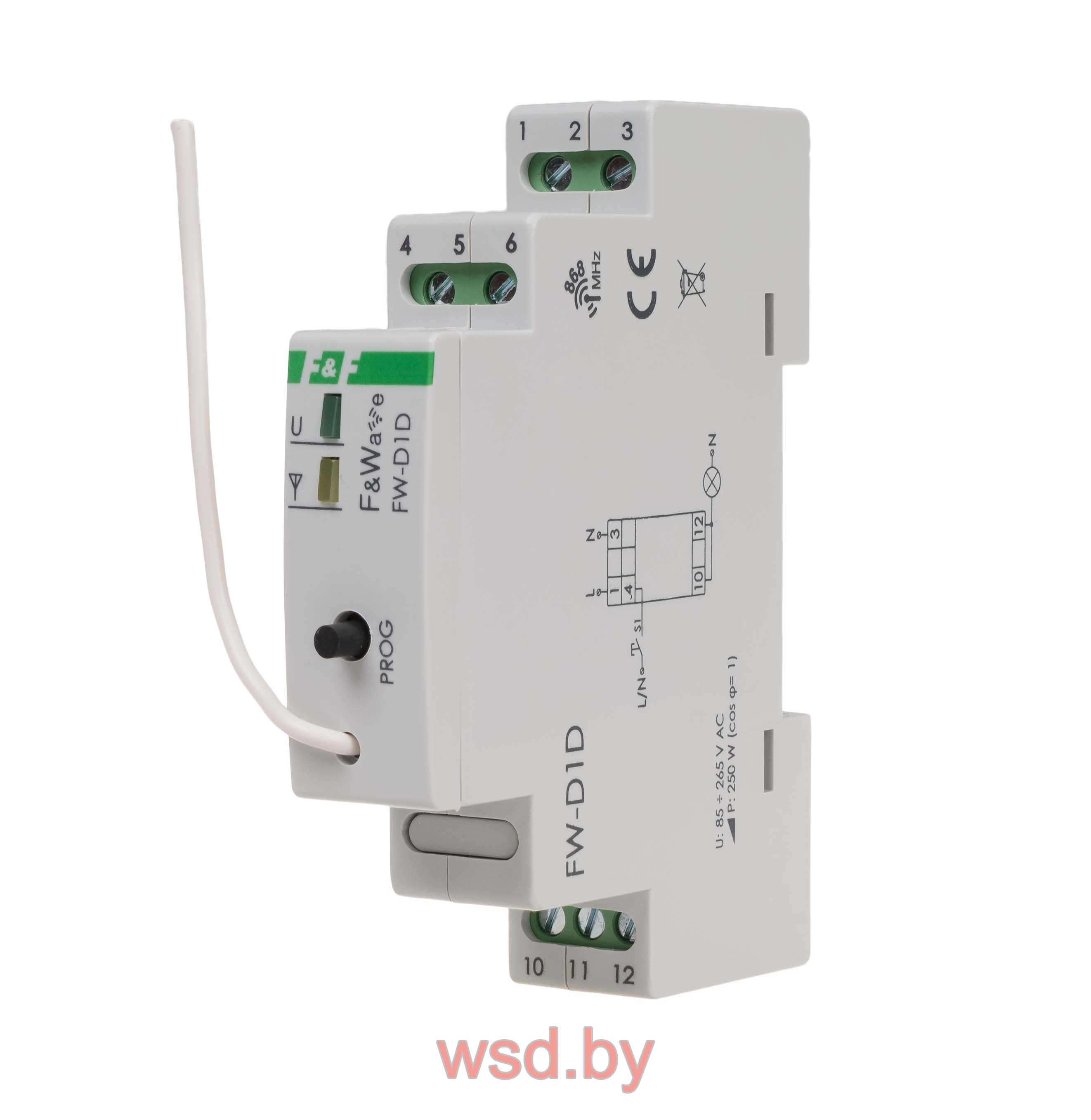 FW-D1D Диммер одноканальный, для всех типов ламп, soft start, локальное и удаленное управление, до 8 радио передатчиков, монтаж на DIN-рейку 85-265В AC/DC IP20